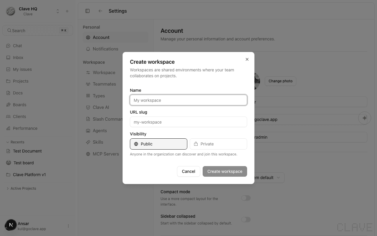 Create workspace dialog