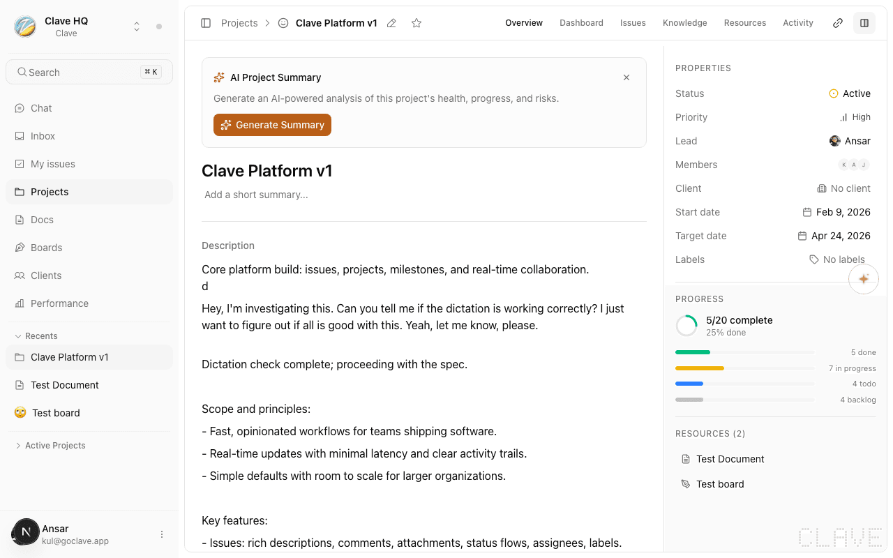 Project dashboard view